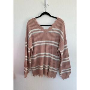 Rue+ Pink and White Distressed Detailing Sweater - 2X